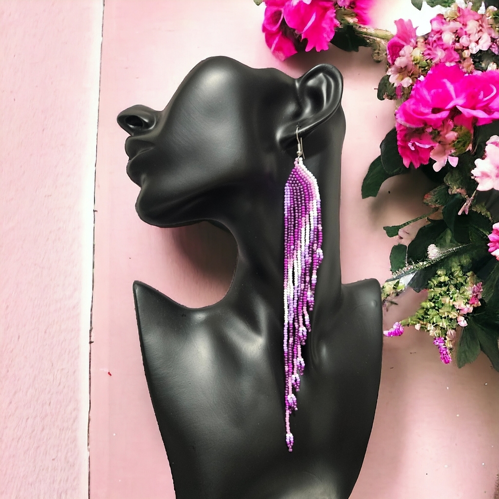 New! 7.28 inch Long Boho Hand Beaded Tassle Purple Pink Earrings